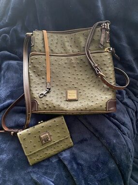 Dooney & Bourke Olive Ostrich-Embossed Crossbody with Matching Wallet